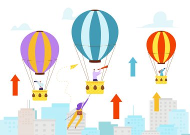 Başarı projesi, hava balonu temsilciliği yapan iş adamları. İş adamı yönetici liderlik, çizgi film profesyonel yenilik.