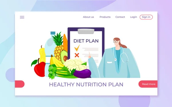 Dieta nutrição saudável do nutricionista, perda de peso com alimentação ilustração vetor de controle de refeição. Médico nutricionista perto do plano de dieta —  Vetores de Stock