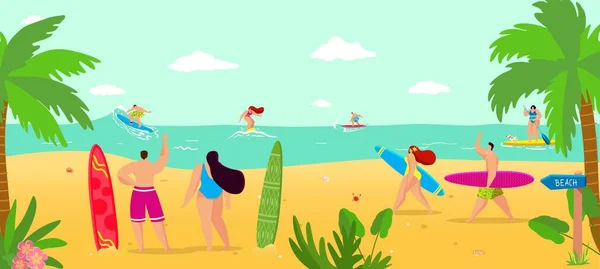 Διακοπές στην καλοκαιρινή παραλία, διανυσματική απεικόνιση. Άνθρωποι surfing χαρακτήρα στη θάλασσα, γυναίκα άνθρωπος surfer χαρακτήρα με cartoon surfboard. — Διανυσματικό Αρχείο