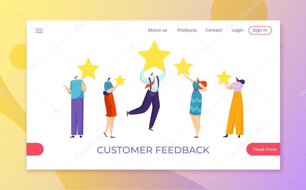 Feedback with customer star review in rating service concept, satisfaction from positive good business quality vector illustration.