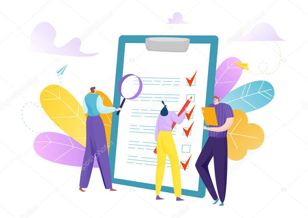 List document, business people mark checklist at clipboard flat concept vector illustration. Cartoon questionnaire check form with pencil.