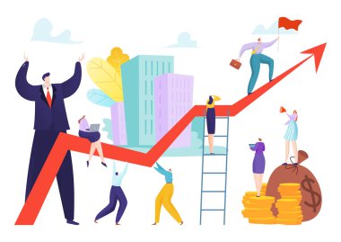 Başarı okunda takım çalışması, büyümeyi finanse eden takım ve ilerleme vektör çizimi. Şirket grafiği ve liderlik yolu