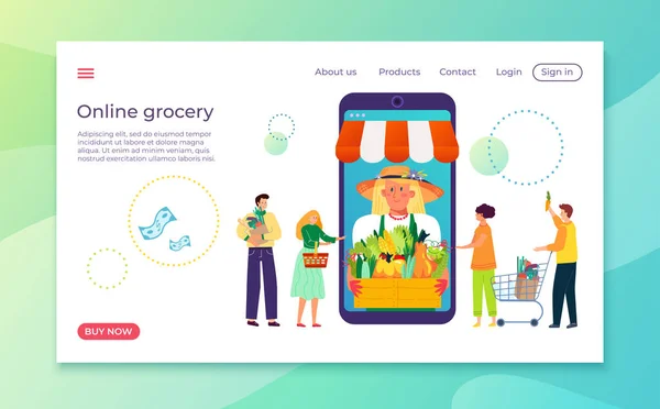 Livsmedelsleverans på nätet, köpa produkt på butik internettjänst vektor illustration. Detaljhandel med god lantbruksprodukt — Stock vektor
