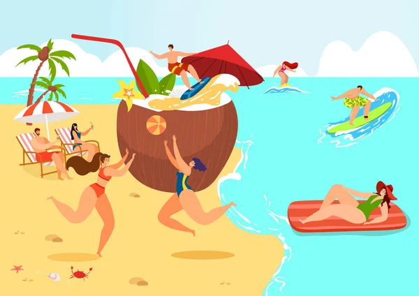 Travel vacation at sea, people near huge coconut, summer beach vector illustration. Happy young man woman at beautiful tropical cartoon sand nature.