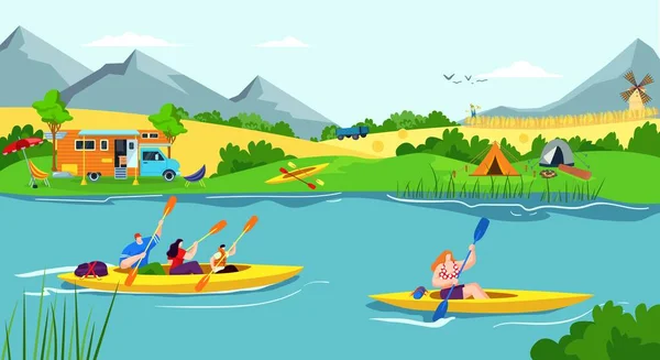 Water recreation vacation in river, summer boat sport for people kayak activity vector illustration. Man woman character with paddle — Stock Vector