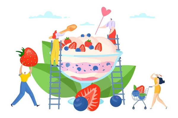 Crème glacée d'été plat design de dessert sucré, dessin animé fille homme personnage bannière illustration vectorielle. Personne au concept de crème glacée fraîche. — Image vectorielle