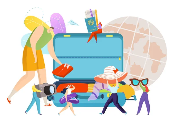 Equipaje de viaje, maleta equipaje para vacaciones viaje vector ilustración. Plano viaje de vacaciones concepto de dibujos animados, viaje bolsa de turismo. — Vector de stock