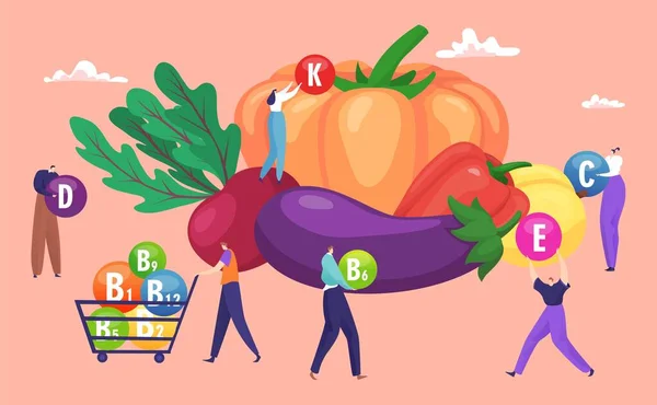 Vitamina alimentaria, ilustración vectorial. Alimentación ecológica de frutas, concepto de estilo de vida vegetariano saludable. Salud plana por verdura — Archivo Imágenes Vectoriales