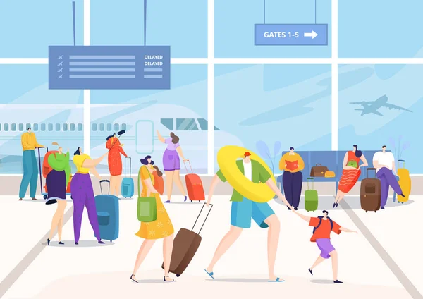 Terminal del aeropuerto, las personas con equipaje de viaje van para la ilustración vectorial de vacaciones. Vuelo de transporte de viaje para viajes, viaje turístico con equipaje de bolsa. — Vector de stock