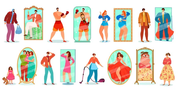 Persone personaggi guardando specchio riflessi serie di illustrazioni vettoriali. Ammirando se stessi uomini, donne, famiglie felici. — Vettoriale Stock