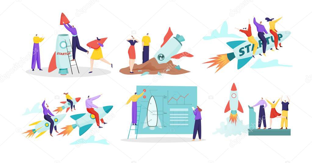 Startup, launching new product concept with rocket symbol in business development vector illustration. Innovation and technology.