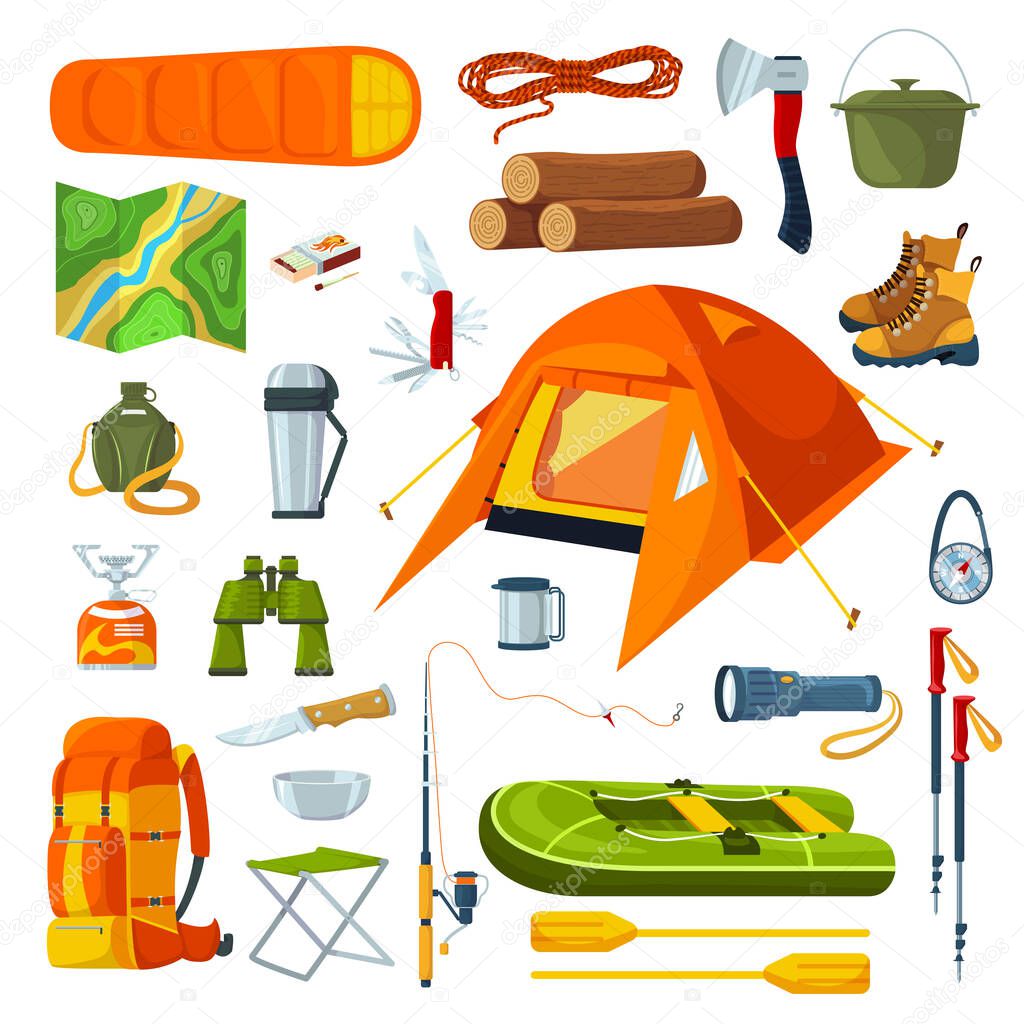 Tourist camping equipment isolated on white set of vector illustrations. Tourism and hiking, travel in nature, adventure icons.
