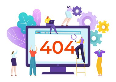 Hata sayfası, bilgisayar vektör illüstrasyonunda arama bulunamadı. İnternet sitesi, 404 ağ site tasarımı. Web sayfası bilgi grafik servisi.