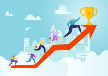 Liderlik kupasında iş başarısı, vektör illüstrasyonu. Altın iş kadını için sade bir başarı. Kariyer ve hedef kavramı kazanan insanlar..