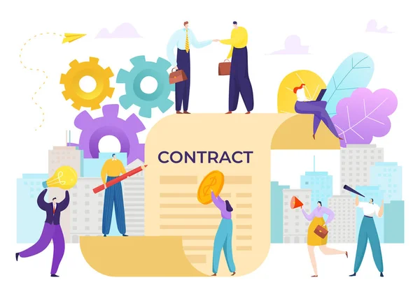 Overeenkomst contract tussen mensen, business teamwork partnerschap deal vector illustratie. Finance zakenman corporate work concept. — Stockvector