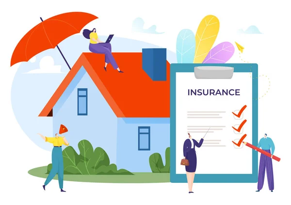 Menschen Haus Schutz, Vertrag für Haus-Immobilien-Versicherung sichere Vektor Illustration. Business-Service für Familienbesitz und Immobilienbanner. — Stockvektor