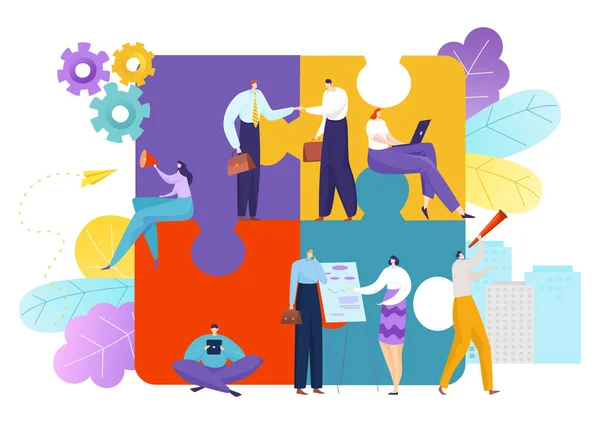 Puzzel business teamwork, team mensen partnerschap communicatie vector illustratie. Succes idee strategie voor man vrouw bij decoupeerzaag. — Stockvector