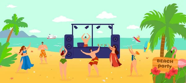 Beach sommar dj musikfest, vektor illustration. Människor karaktär på tropisk semester, glad rolig ung flicka man på tecknad ocean disco semester. — Stock vektor