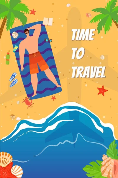 海でのビーチ休暇の休日、熱帯夏の日光浴ベクトル図。旅行する時間,夏の砂のリゾートで人々. — ストックベクタ