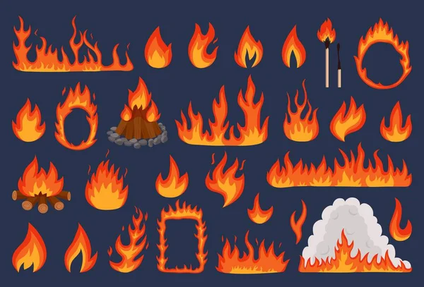 Juego de ilustración de vector de fuego de llama, colección de efectos de luz de ignición flameada roja y naranja plana de dibujos animados con elementos llameantes calientes — Archivo Imágenes Vectoriales