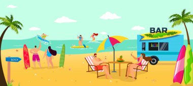 Yaz plajında tatil, vektör çizimi. Tropikal denize yolculuk, okyanusta sörf. Kumda sörf barı, kadın erkek karakteri.