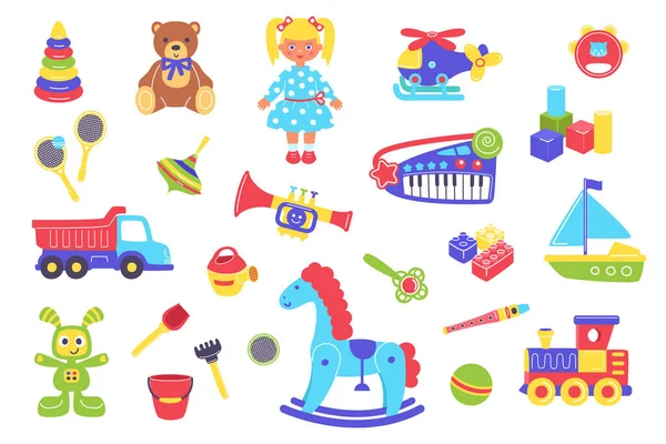 Kid brinquedos conjunto de ilustração vetorial, desenho animado plana brinquedo de plástico bonito para crianças jogar coleção com criança pré-escolar objetos engraçados — Vetor de Stock