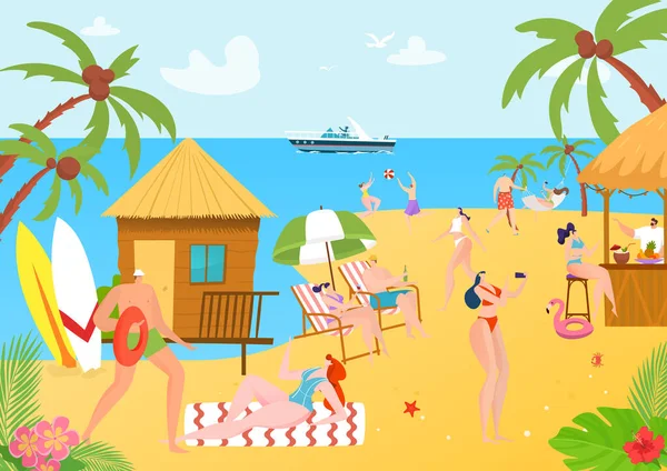 Strandreisen für Menschen, Vektorillustration. Sommerurlaub Urlaubstourismus auf Sand, Meer Meer Cartoon Freizeit. Flache Frau Mann Charakter — Stockvektor