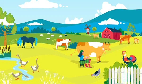 Farm rajzfilm táj, vektor illusztráció. Mezőgazdaság pajta, vidéki állat tehén csirke szabadban. A természeten kívüli emberek — Stock Vector