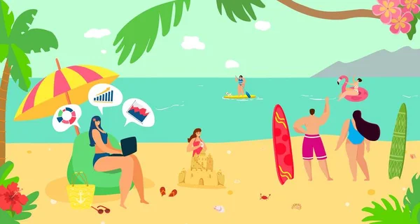 Freelancer mulher com computador portátil na praia do mar de verão, ilustração vetorial. Trabalho de negócios freelance no estilo de vida de viagem de férias. — Vetor de Stock