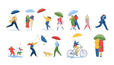 People with umbrella under rain storm wind vector illustration set, cartoon flat characters in raincoats holding umbrellas clipart