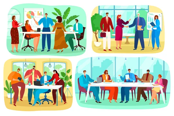 Office business meeting, teamwork vector illustratie set, cartoon platte zakenman baas leider karakter werken met medewerkers — Stockvector