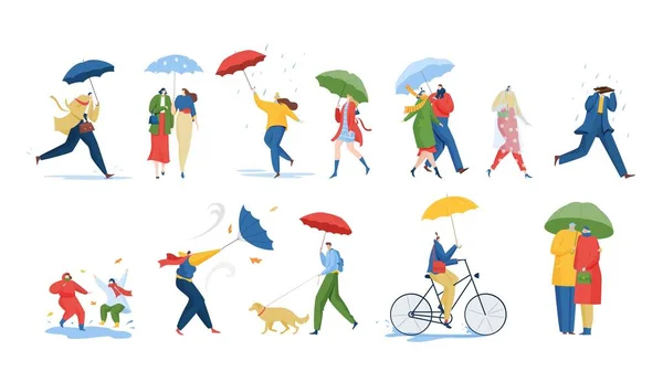 Mensen met paraplu onder regen storm wind vector illustratie set, cartoon platte personages in regenjassen houden paraplu 's — Stockvector