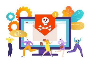 Bilgisayar internet güvenlik virüsü, veri koruma teknolojisi hacker vektör çizimlerinden. Çevrimiçi insanlara spam saldırısı, web posta konseptini hackleme.