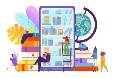 Dijital kitap teknolojili kütüphane, vektör illüstrasyonlu. Akıllı telefonda çevrimiçi eğitim bilgisi, düz internette edebiyat eğitimi.