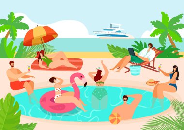 Plaj suyunun yanında yaz havuzu partisi, vektör çizimi. Bikini giyen insanlar eğleniyor, dinleniyor. Tropik tatil