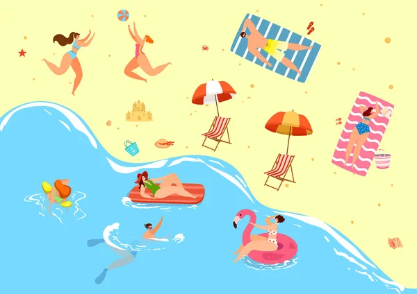 Vacaciones de verano en la playa para la gente, ilustración vectorial. Resort de mar, mujer hombre viajar al descanso del océano, vacaciones planas cerca de la arena, el agua. — Vector de stock