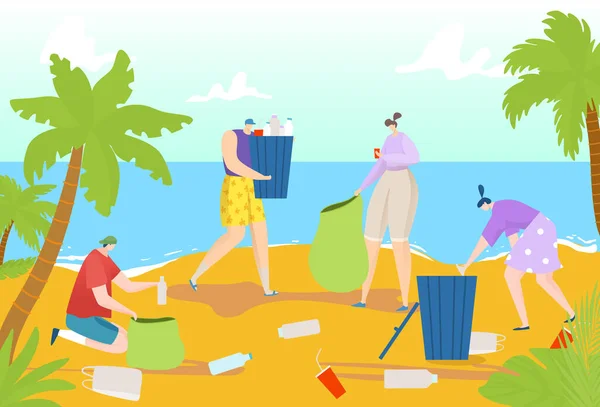 환경 플라스틱 오염, 벡터 삽화. 자연 환경에서 쓰레기를 버리면 사람들은 만화 쓰레기를 줍죠. 바다를 청소하는 사람들 — 스톡 벡터
