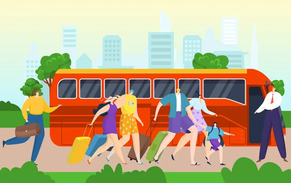 Автобус для туристической экскурсии, люди в путешествии плоские поездки векторные иллюстрации поездки. Транспортный тур по городу, туристический транспорт. — стоковый вектор