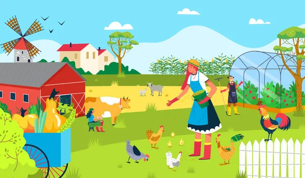Agricultura granja planta, la gente trabaja en la naturaleza jardín vector ilustración. Jardinero de dibujos animados, granjero y animal natural rural. — Vector de stock