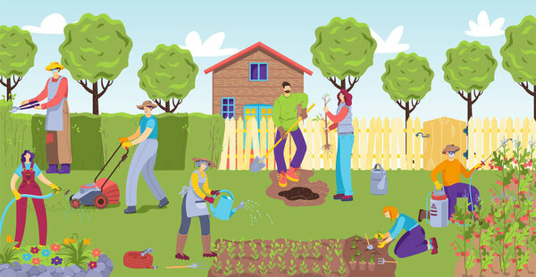 Gardening together in garden, vector illustration. Woman man gardener people character work with plant, organic agriculture nature.