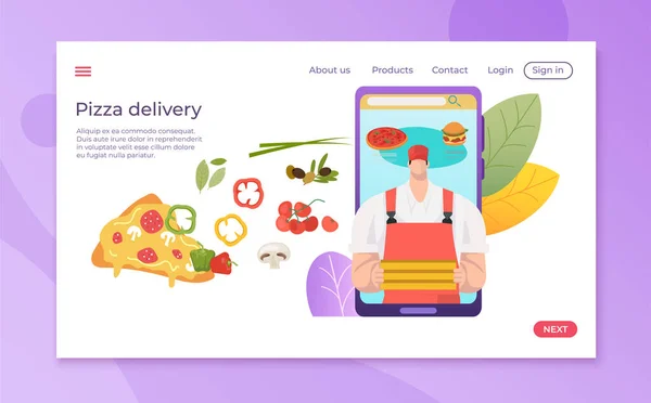 Smartphone pizza aplicativo móvel on-line, mensageiro homem com ilustração vetor de alimentos. Ordem em casa, conceito de design de serviço de entrega rápida. — Vetor de Stock