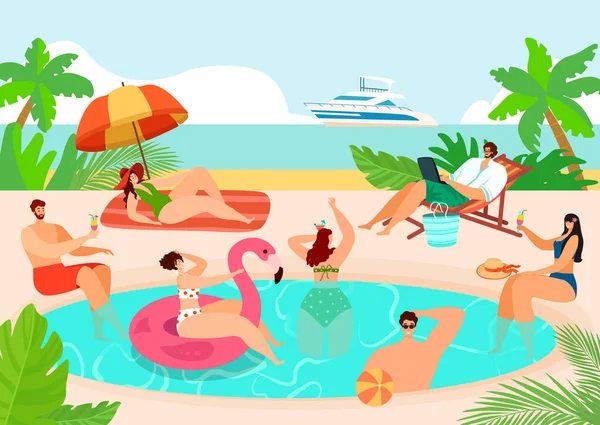 Fiesta de verano cerca del agua de la playa, ilustración vectorial. Personaje de la gente en bikini divertirse, relajarse en el complejo. Vacaciones tropicales — Vector de stock