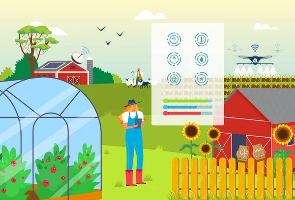 Vrouw op landbouwbedrijf gebruik maken van slimme landbouw digitale technologie app concept, vector illustratie. Toepassing in de landbouw op mobiele tablet — Stockvector