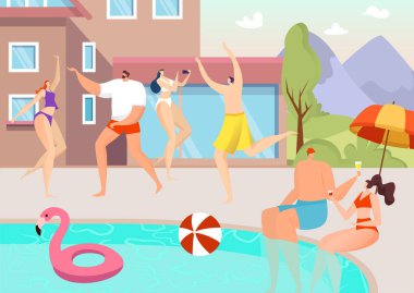 Yaz havuzu partisi, vektör çizimi. Mutlu gençler eğleniyor, tatilde dinleniyor, düz suda yüzüyor. Çizgi film açık deniz tatil beldesi