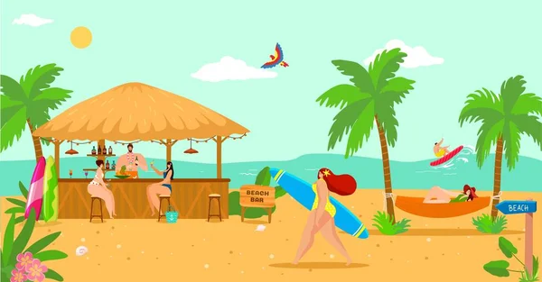 Mar vacaciones de verano en el bar de playa, ilustración vectorial. Vacaciones de viaje tropical en el océano, gente de dibujos animados hombre mujer turismo feliz. — Vector de stock