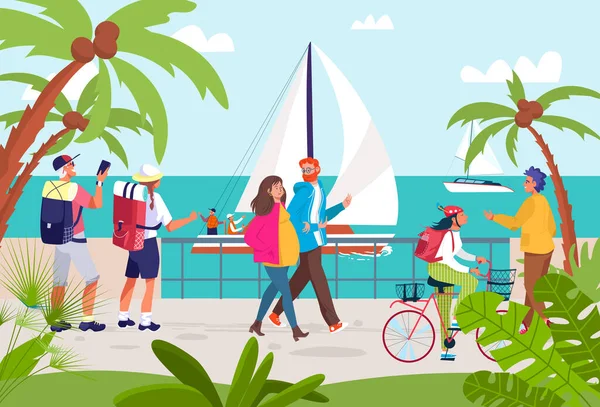 People at summer sea resort, vector illustration. Man woman cartoon character walk at ocean seaside, holiday vacation scenery. — Διανυσματικό Αρχείο