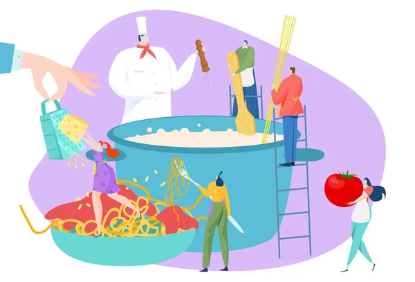 Personaje de la gente cocina plato de comida, hombre mujer cocina concepto vector ilustración. Cena de cocina con hembra masculina, chef de dibujos animados. — Vector de stock