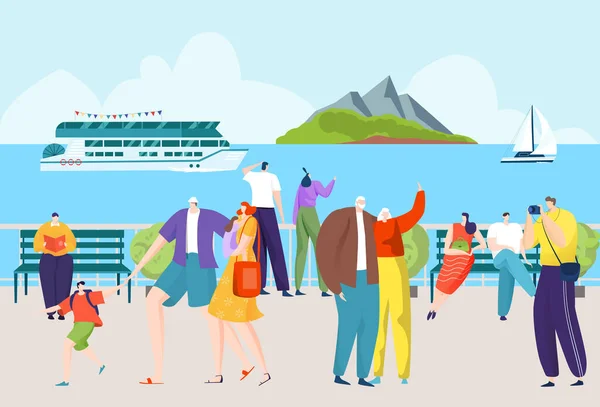 Cartoon character at seaside vacation, walking tourist at summer sea holiday vector illustration. People at outdoor scenery landscape — Διανυσματικό Αρχείο