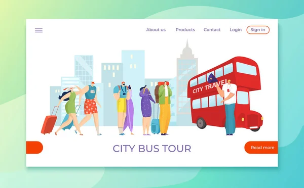 Les touristes voyagent en bus excursion, voyage de vacances plat illustration vectorielle de tourisme. Voyage d'été en vacances, service de transport. — Image vectorielle