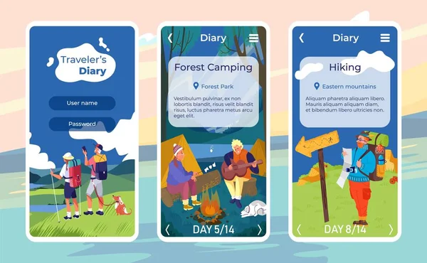 Carnet de voyage, illustration vectorielle. Paysage de vacances nature à l'application mobile bannière ensemble, les gens au camp d'été en plein air. — Image vectorielle